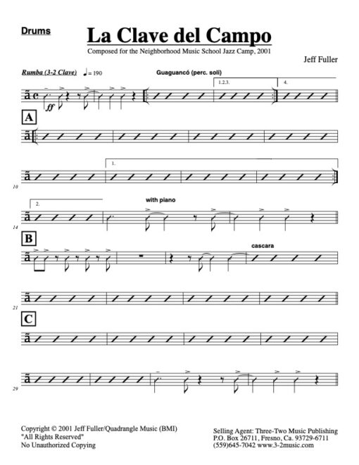 La Clave Del Campo drums (Download) Latin jazz printed sheet music www.3-2music.com composer and arranger Jeff Fuller combo (octet) instrumentation