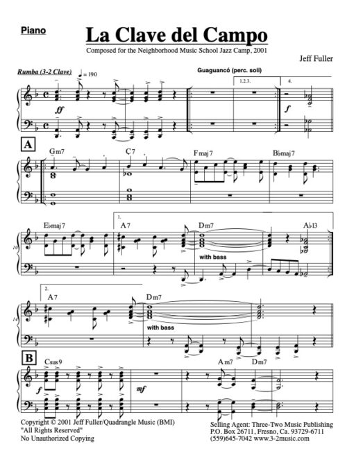 La Clave Del Campo piano (Download) Latin jazz printed sheet music www.3-2music.com composer and arranger Jeff Fuller combo (octet) instrumentation