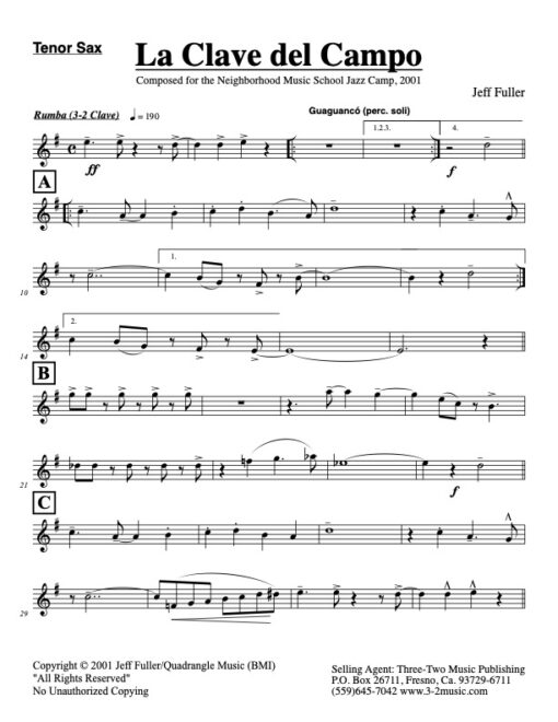 La Clave Del Campo tenor (Download) Latin jazz printed sheet music www.3-2music.com composer and arranger Jeff Fuller combo (octet) instrumentation