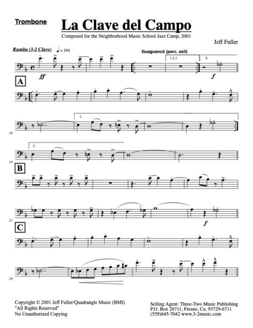 La Clave Del Campo trombone (Download) Latin jazz printed sheet music www.3-2music.com composer and arranger Jeff Fuller combo (octet) instrumentation