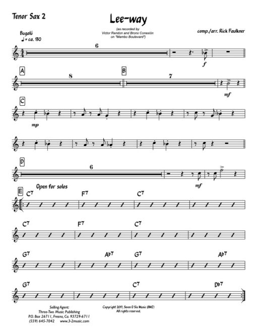 Lee-Way tenor 2 (Download) Latin jazz printed sheet music composer and arranger Rick Faulkner big band 4-4-5 instrumentation bugalú rhythm