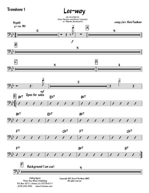 Lee-Way trombone 1 (Download) Latin jazz printed sheet music composer and arranger Rick Faulkner big band 4-4-5 instrumentation bugalú rhythm