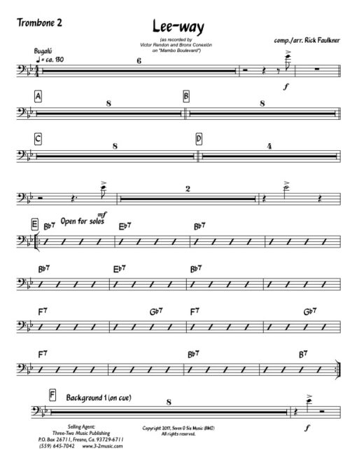 Lee-Way trombone 2 (Download) Latin jazz printed sheet music composer and arranger Rick Faulkner big band 4-4-5 instrumentation bugalú rhythm