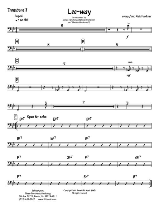 Lee-Way trombone 3 (Download) Latin jazz printed sheet music composer and arranger Rick Faulkner big band 4-4-5 instrumentation bugalú rhythm