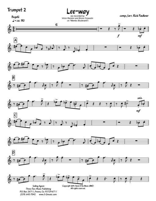 Lee-Way trumpet 2 (Download) Latin jazz printed sheet music composer and arranger Rick Faulkner big band 4-4-5 instrumentation bugalú rhythm