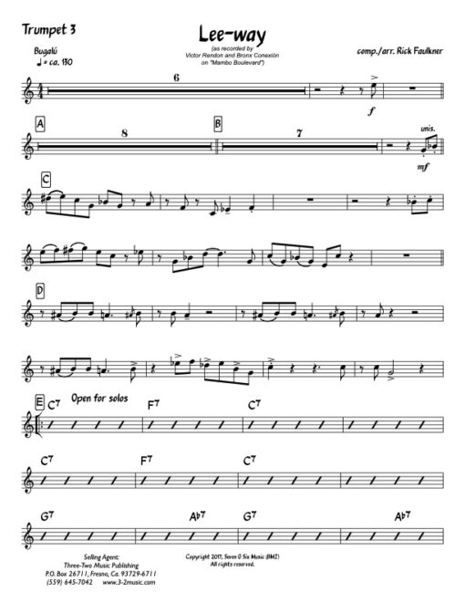 Lee-Way trumpet 3 (Download) Latin jazz printed sheet music composer and arranger Rick Faulkner big band 4-4-5 instrumentation bugalú rhythm