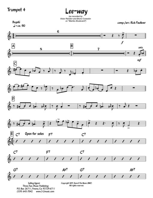 Lee-Way trumpet 4 (Download) Latin jazz printed sheet music composer and arranger Rick Faulkner big band 4-4-5 instrumentation bugalú rhythm