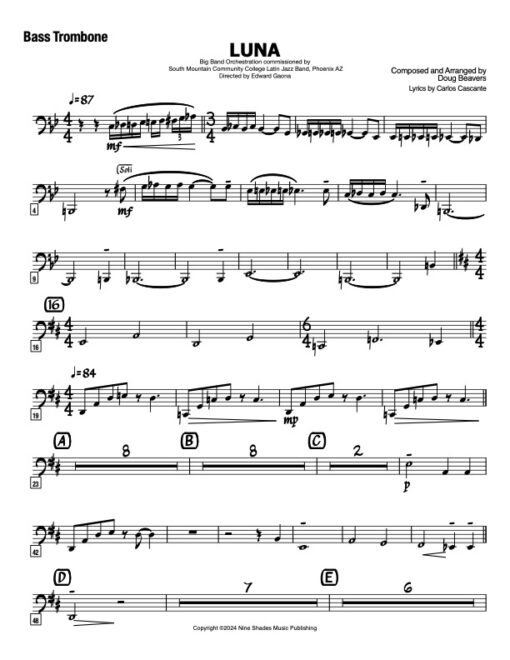 Luna bass trombone (Download) Latin jazz printed sheet music www.3-2music.com composer and arranger Doug Beavers big band 4-4-5 instrumentation