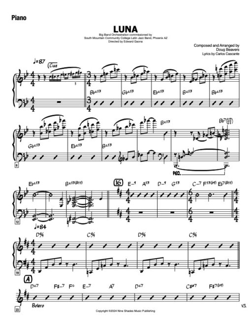 Luna piano (Download) Latin jazz printed sheet music www.3-2music.com composer and arranger Doug Beavers big band 4-4-5 instrumentation