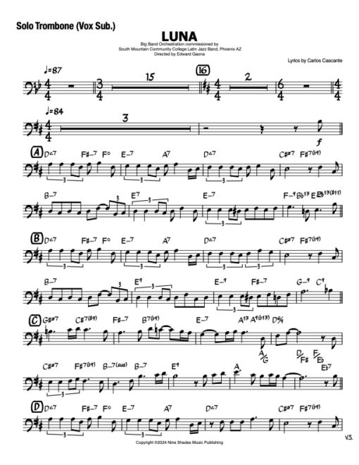 Luna solo trombone (Download) Latin jazz printed sheet music www.3-2music.com composer and arranger Doug Beavers big band 4-4-5 instrumentation
