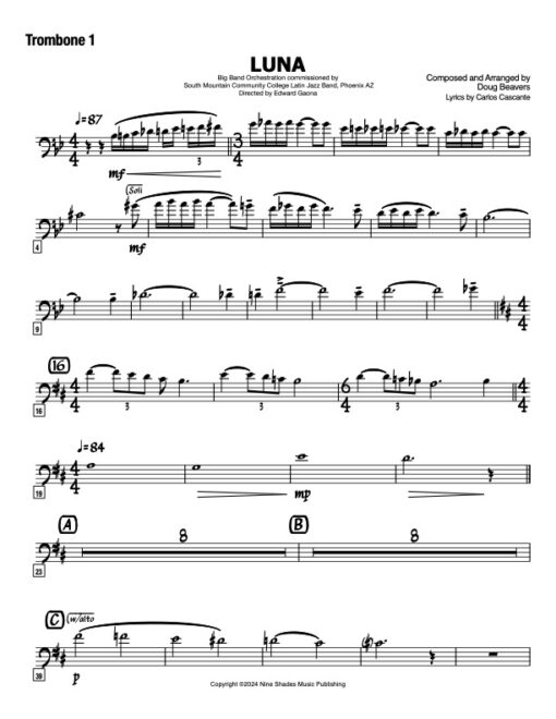 Luna trombone 1 (Download) Latin jazz printed sheet music www.3-2music.com composer and arranger Doug Beavers big band 4-4-5 instrumentation