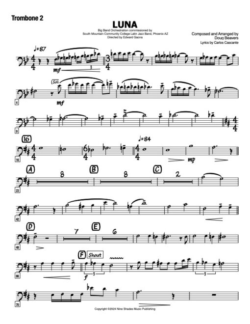 Luna trombone 2 (Download) Latin jazz printed sheet music www.3-2music.com composer and arranger Doug Beavers big band 4-4-5 instrumentation