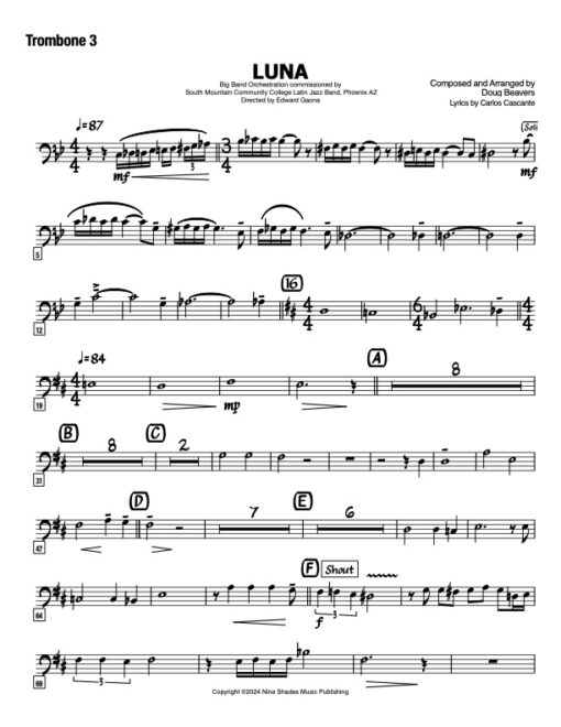 Luna trombone 3 (Download) Latin jazz printed sheet music www.3-2music.com composer and arranger Doug Beavers big band 4-4-5 instrumentation