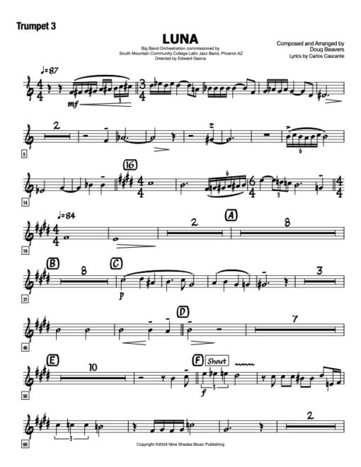 Luna trumpet 3 (Download) Latin jazz printed sheet music www.3-2music.com composer and arranger Doug Beavers big band 4-4-5 instrumentation