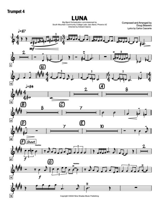 Luna trumpet 4 (Download) Latin jazz printed sheet music www.3-2music.com composer and arranger Doug Beavers big band 4-4-5 instrumentation