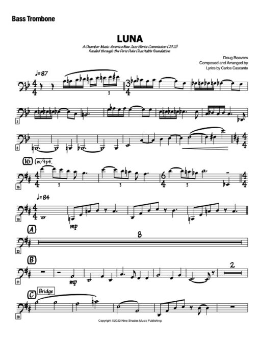 Luna V.2 bass trombone (Download) Latin jazz printed sheet music www.3-2music.com composer and arranger Doug Beaver combo (octet) instrumentation