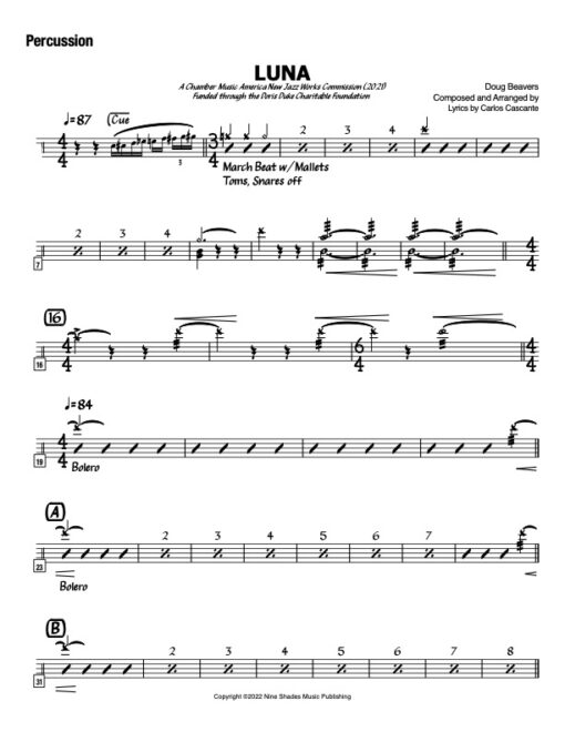Luna V.2 percussion (Download) Latin jazz printed sheet music www.3-2music.com composer and arranger Doug Beaver combo (octet) instrumentation