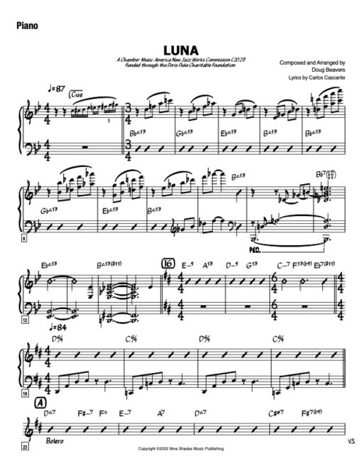 Luna V.2 piano (Download) Latin jazz printed sheet music www.3-2music.com composer and arranger Doug Beaver combo (octet) instrumentation