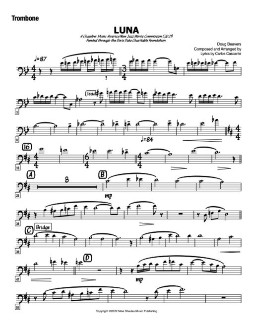 Luna V.2 trombone (Download) Latin jazz printed sheet music www.3-2music.com composer and arranger Doug Beaver combo (octet) instrumentation