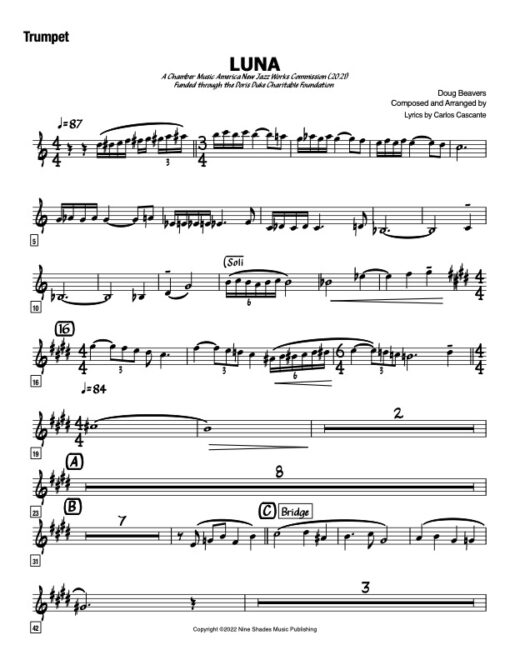 Luna V.2 trumpet (Download) Latin jazz printed sheet music www.3-2music.com composer and arranger Doug Beaver combo (octet) instrumentation