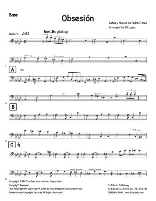 Obsesión bass (Download) Latin jazz printed sheet music www.3-2music.com composer and arranger Pedro Flores combo (tentet) instrumentation