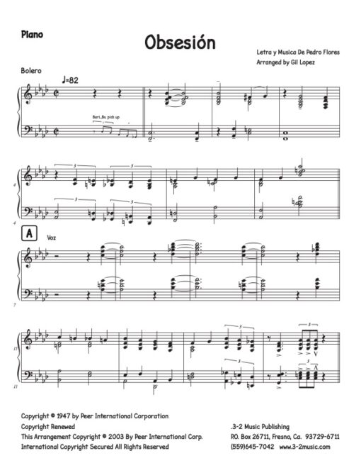 Obsesión piano (Download) Latin jazz printed sheet music www.3-2music.com composer and arranger Pedro Flores combo (tentet) instrumentation