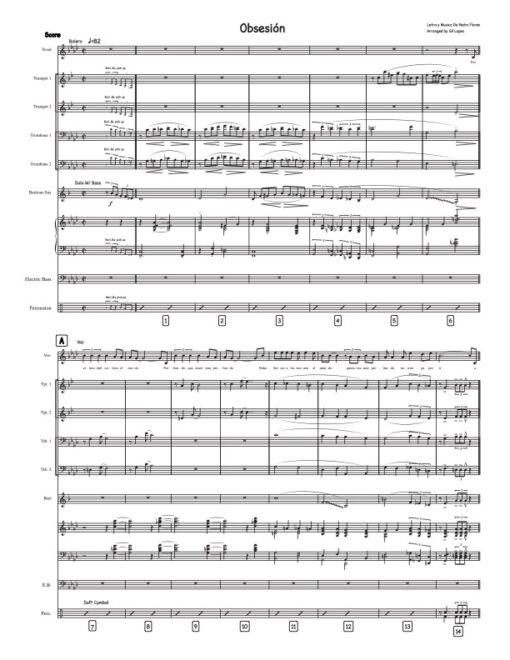 Obsesión score (Download) Latin jazz printed sheet music www.3-2music.com composer and arranger Pedro Flores combo (tentet) instrumentation