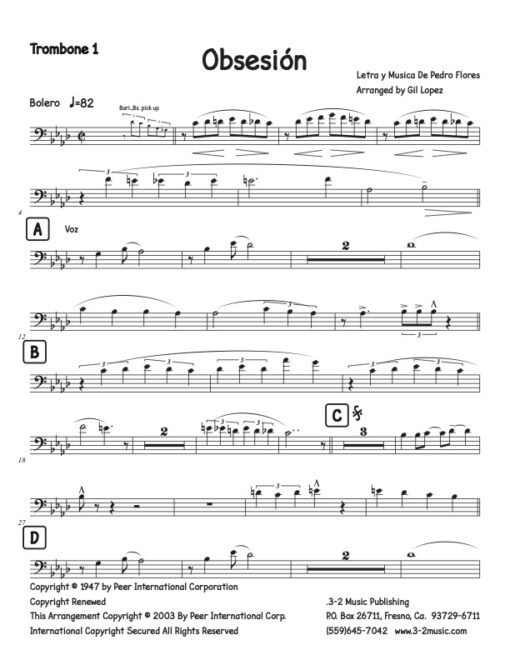 Obsesión trombone 1 (Download) Latin jazz printed sheet music www.3-2music.com composer and arranger Pedro Flores combo (tentet) instrumentation