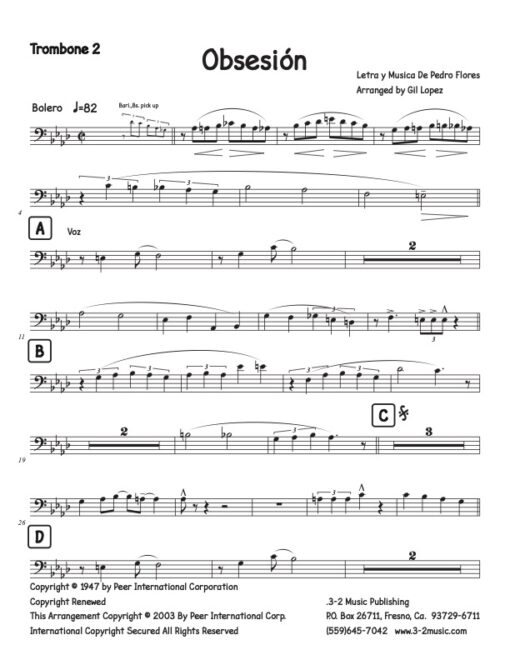 Obsesión trombone 2 (Download) Latin jazz printed sheet music www.3-2music.com composer and arranger Pedro Flores combo (tentet) instrumentation