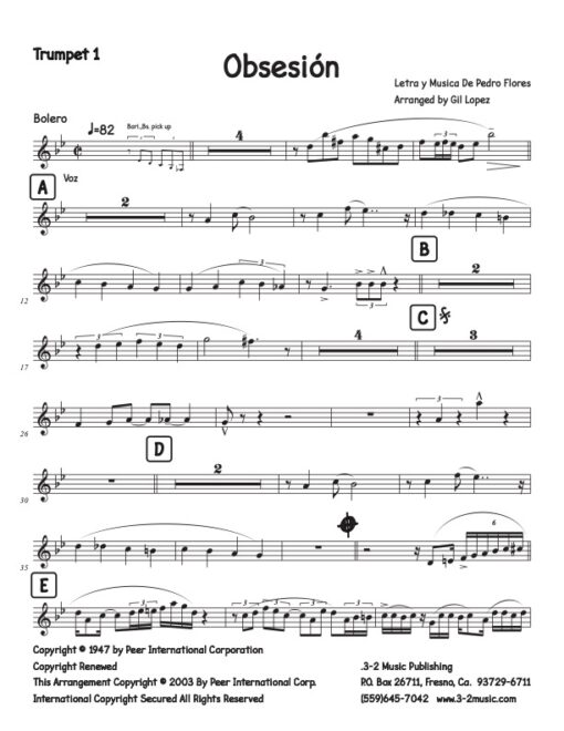 Obsesión trumpet 1 (Download) Latin jazz printed sheet music www.3-2music.com composer and arranger Pedro Flores combo (tentet) instrumentation
