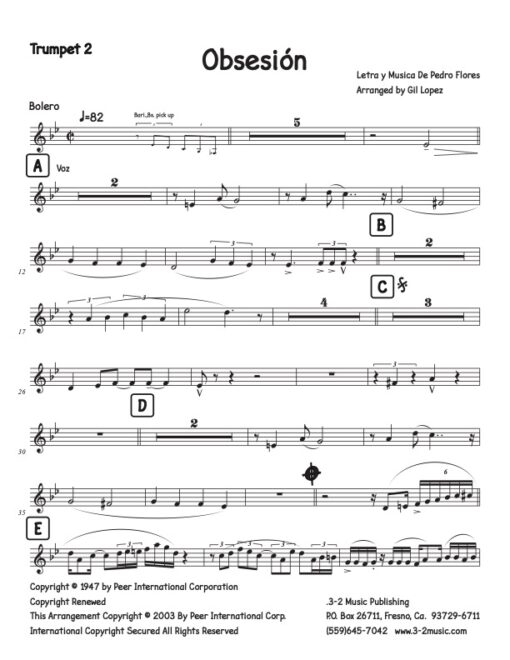 Obsesión trumpet 2 (Download) Latin jazz printed sheet music www.3-2music.com composer and arranger Pedro Flores combo (tentet) instrumentation