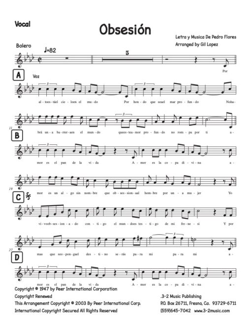 Obsesión vocal (Download) Latin jazz printed sheet music www.3-2music.com composer and arranger Pedro Flores combo (tentet) instrumentation