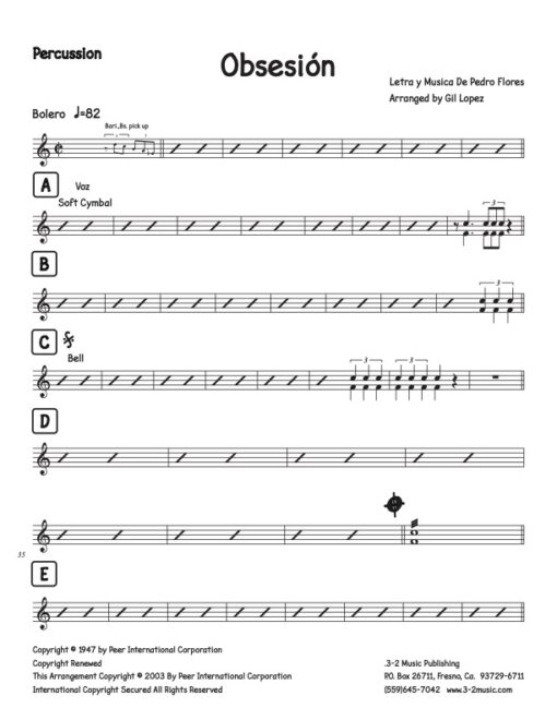 Obsesión percussion (Download) Latin jazz printed sheet music www.3-2music.com composer and arranger Pedro Flores combo (tentet) instrumentation