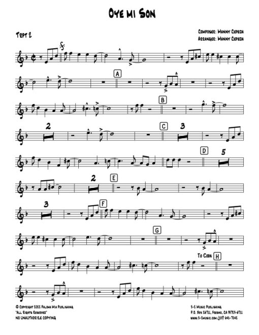 Oye Mi Son trumpet 2 (Download) Latin jazz printed sheet music www.3-2music.com composer and arranger Manny Cepeda big band 4-4-5 instrumentation