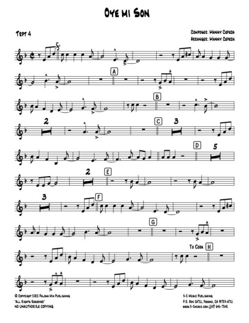 Oye Mi Son trumpet 4 (Download) Latin jazz printed sheet music www.3-2music.com composer and arranger Manny Cepeda big band 4-4-5 instrumentation