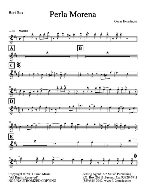 Perla Morena V.1 baritone (Download) Latin jazz printed sheet music www.3-2music.com composer and arranger Oscar Hernandez combo (tentet) instrumentation