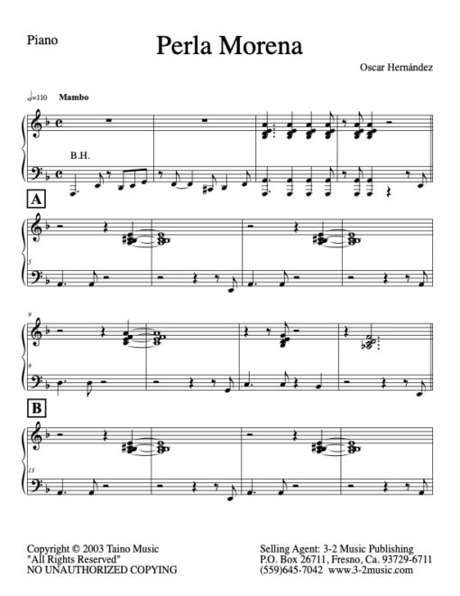 Perla Morena V.1 piano (Download) Latin jazz printed sheet music www.3-2music.com composer and arranger Oscar Hernandez combo (tentet) instrumentation