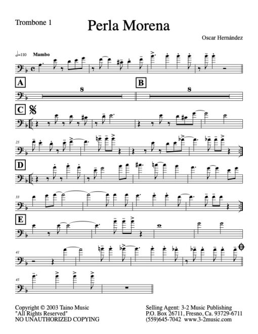 Perla Morena V.1 trombone 1 (Download) Latin jazz printed sheet music www.3-2music.com composer and arranger Oscar Hernandez combo (tentet) instrumentation