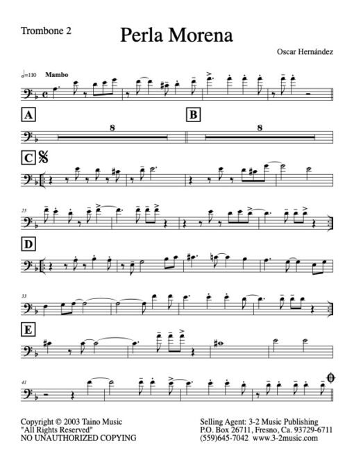 Perla Morena V.1 trombone 2 (Download) Latin jazz printed sheet music www.3-2music.com composer and arranger Oscar Hernandez combo (tentet) instrumentation