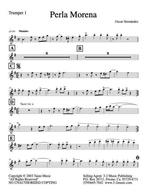Perla Morena V.1 trumpet 1 (Download) Latin jazz printed sheet music www.3-2music.com composer and arranger Oscar Hernandez combo (tentet) instrumentation