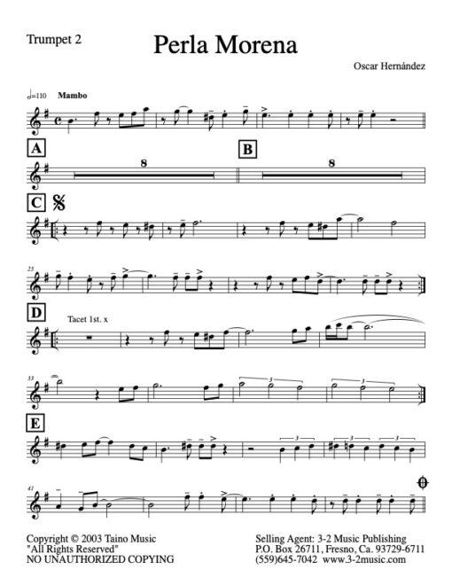 Perla Morena V.1 trumpet 2 (Download) Latin jazz printed sheet music www.3-2music.com composer and arranger Oscar Hernandez combo (tentet) instrumentation