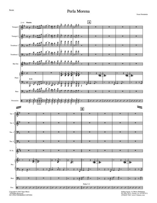Perla Morena V.1 score (Download) Latin jazz printed sheet music www.3-2music.com composer and arranger Oscar Hernandez combo (tentet) instrumentation