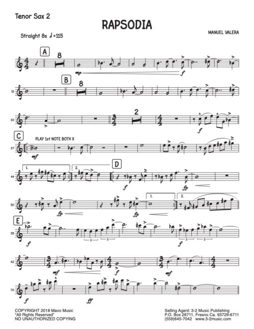 Rapsodia tenor 2 (Download) Latin jazz printed sheet music www.3-2music.com composer and arranger Manual Valera big band 4-4-5 instrumentation
