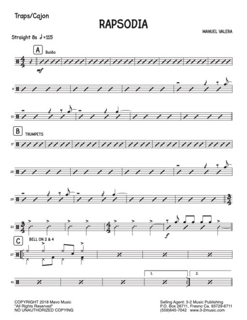 Rapsodia traps/cajon (Download) Latin jazz printed sheet music www.3-2music.com composer and arranger Manual Valera big band 4-4-5 instrumentation