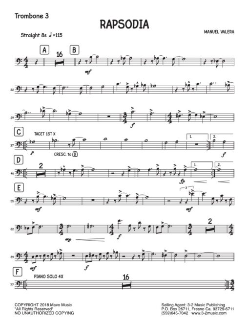 Rapsodia trombone 3 (Download) Latin jazz printed sheet music www.3-2music.com composer and arranger Manual Valera big band 4-4-5 instrumentation