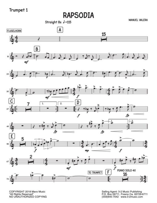 Rapsodia trumpet 1 (Download) Latin jazz printed sheet music www.3-2music.com composer and arranger Manual Valera big band 4-4-5 instrumentation