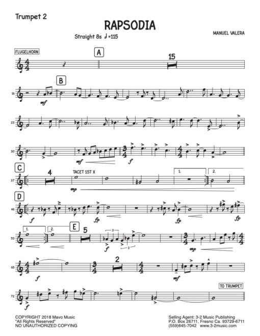 Rapsodia trumpet 2 (Download) Latin jazz printed sheet music www.3-2music.com composer and arranger Manual Valera big band 4-4-5 instrumentation
