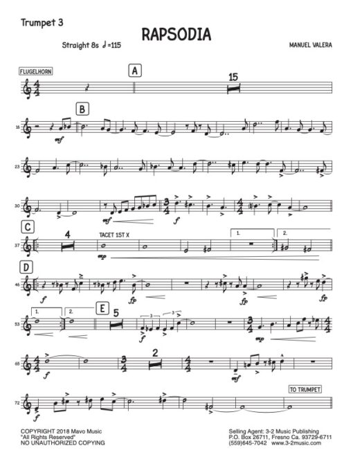 Rapsodia trumpet 3 (Download) Latin jazz printed sheet music www.3-2music.com composer and arranger Manual Valera big band 4-4-5 instrumentation