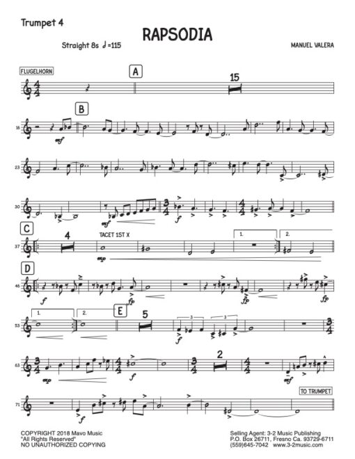 Rapsodia trumpet 4 (Download) Latin jazz printed sheet music www.3-2music.com composer and arranger Manual Valera big band 4-4-5 instrumentation