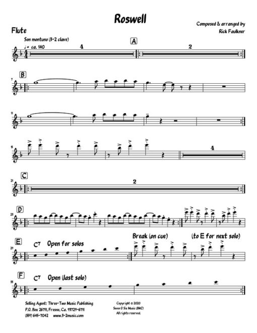 Roswell V.1 flute (Download) Latin jazz printed sheet music www.3-2music.com composer and arranger Rick Faulkner little big band instrumentation